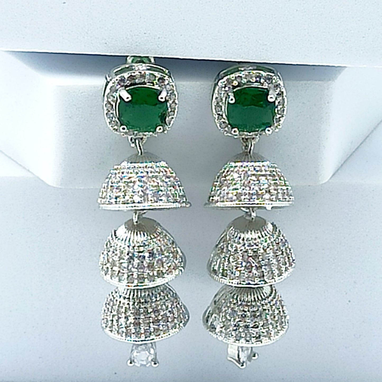 AD Earrings Tri Jhumki Green Stone Jhumki