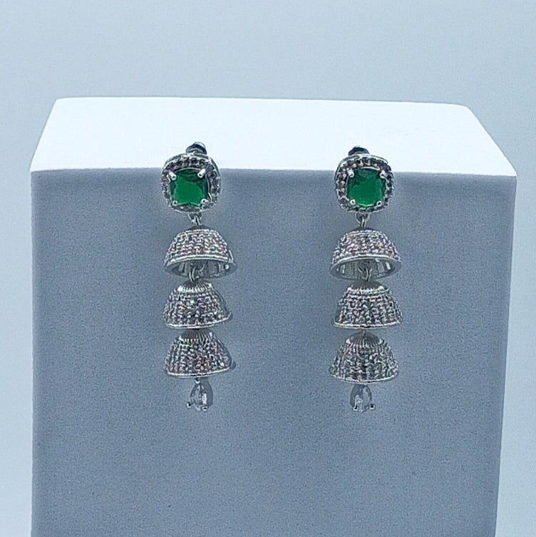 AD Earrings Tri Jhumki Green Stone