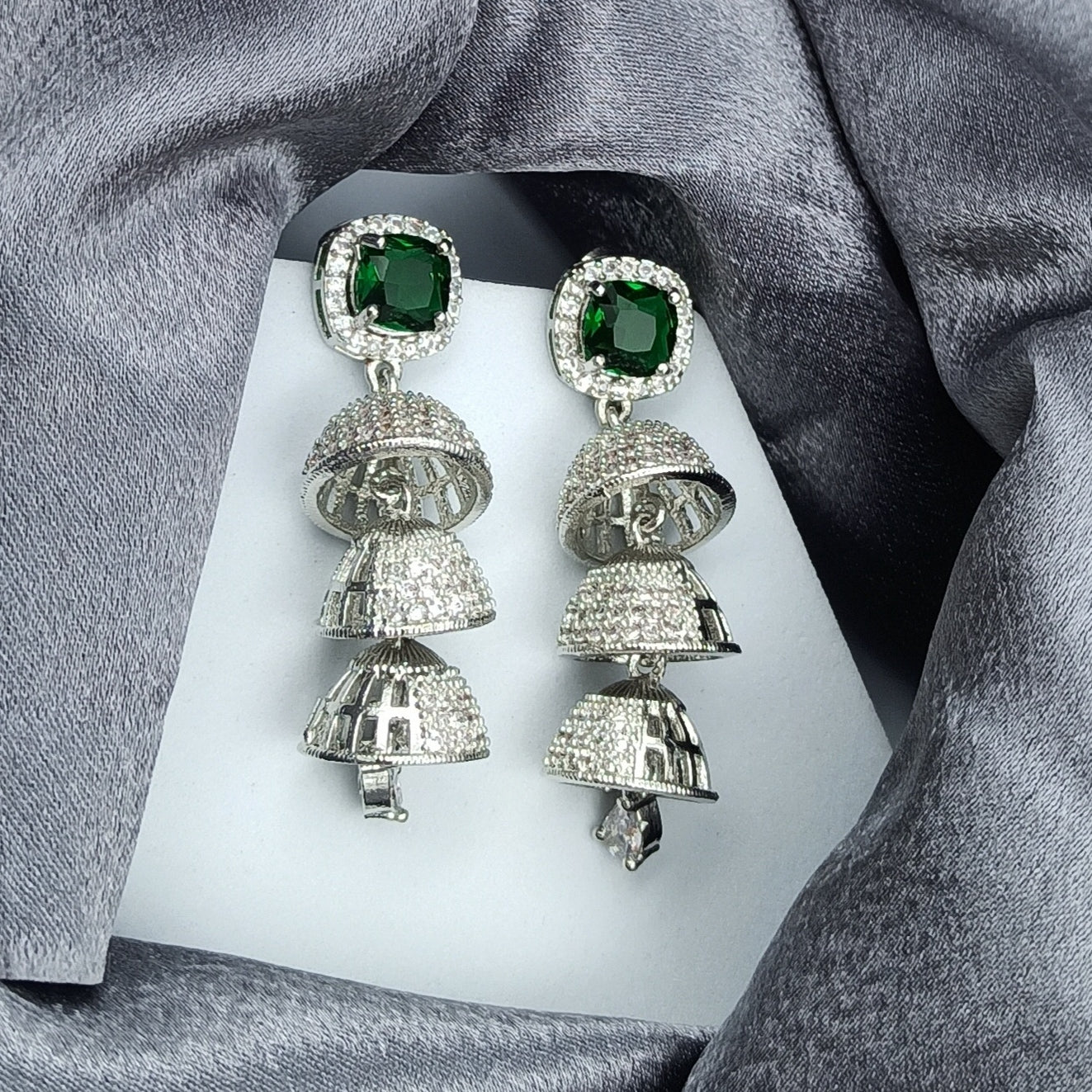 AD Earrings Tri Jhumki Green Stone