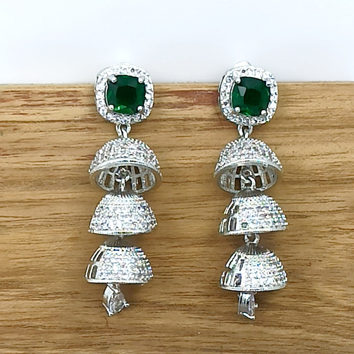 AD Earrings Tri Jhumki Green Stone